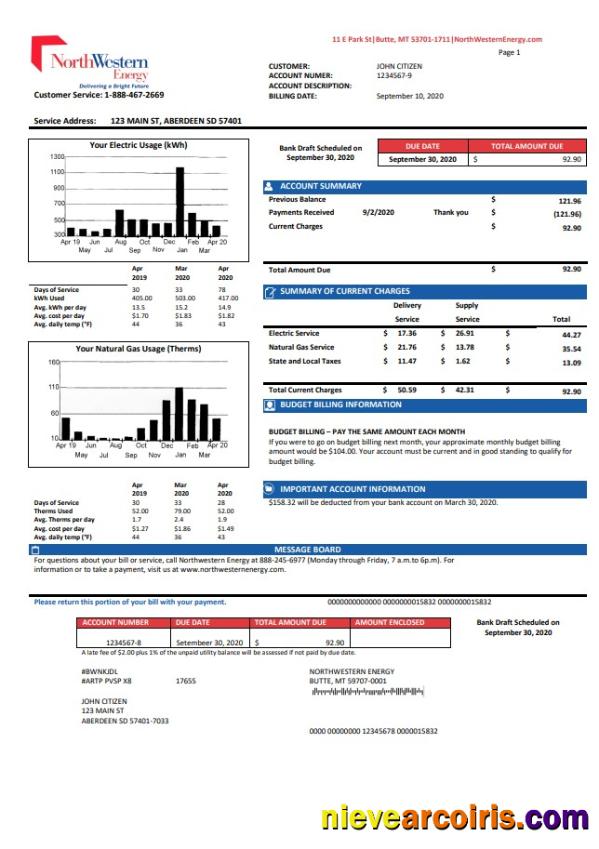 USA NorthWestern Energy utility bill version 2